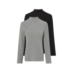 esmara® Damen Rollkragen-Langarmshirts, 2 Stück, gerippt (schwarz/grau, XS(32/34)) - B-Ware neuwertig
