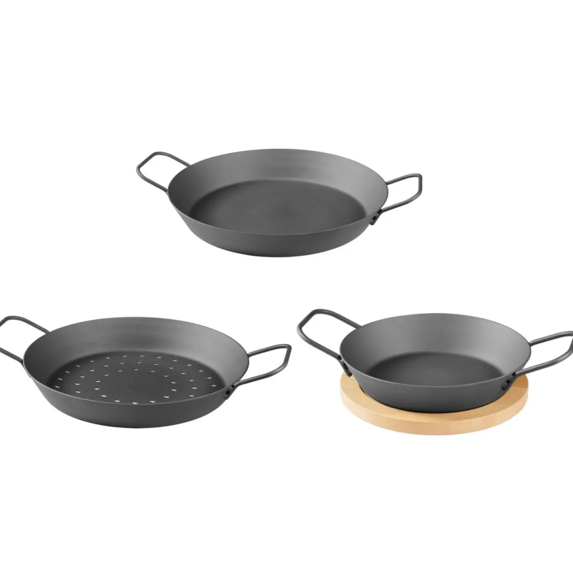 GRILLMEISTER Ø 32 Eisen-Grillpfanne / Ø 28,5 Eisen-Grillpfanne mit perforiertem Boden / Ø 20 Eisen-Grillpfanne mit Servierbrett - B-Ware