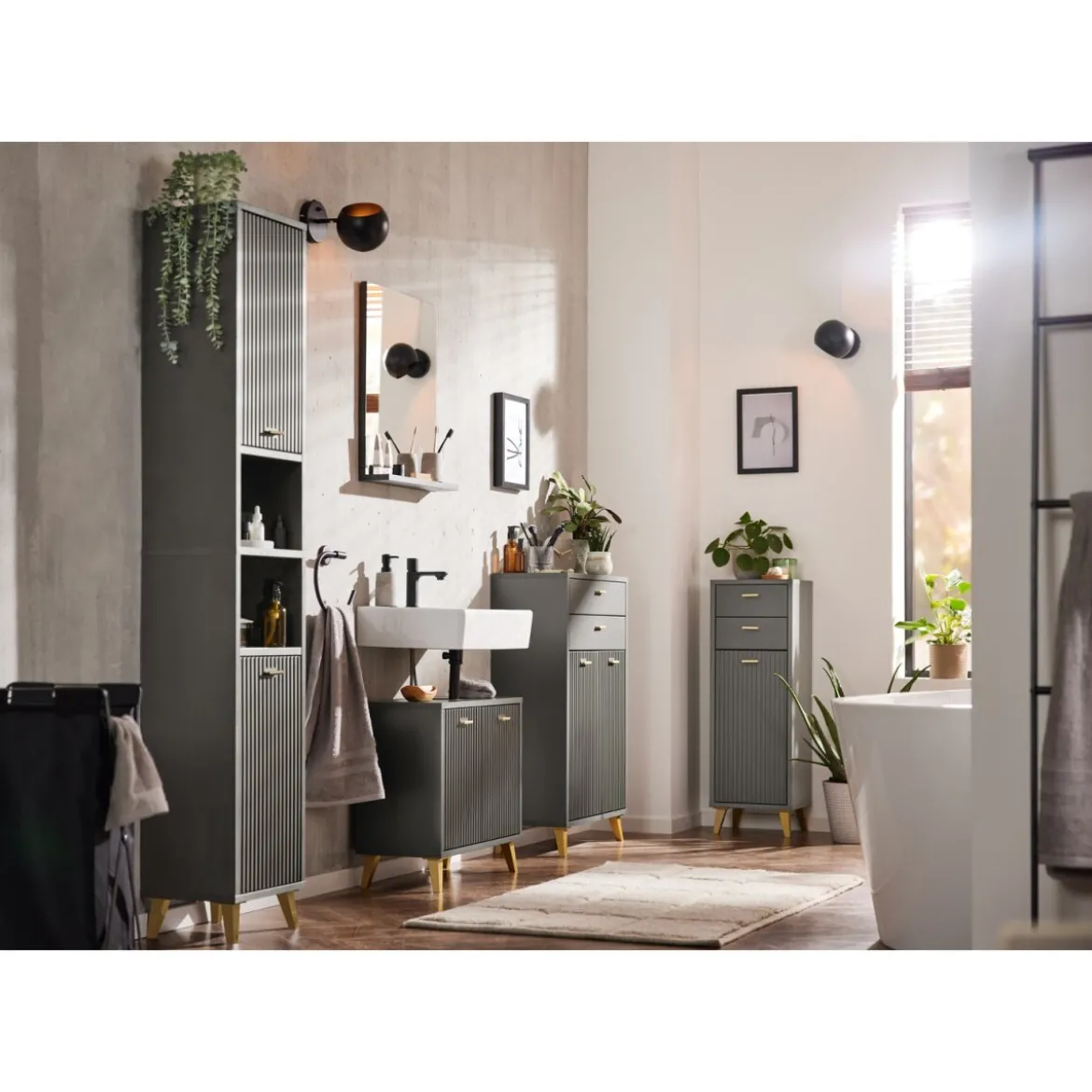 LIVARNO home Bad-Seitenschrank, mit Wellenoptik, schwarz - B-Ware sehr gut