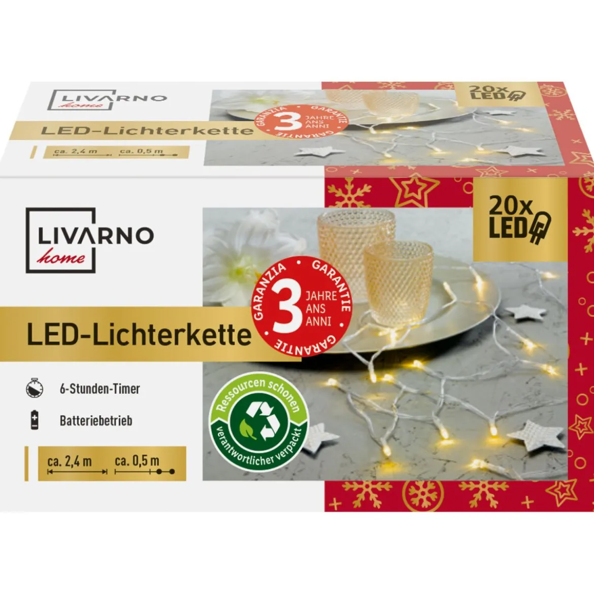 LIVARNO home LED-Lichterkette, 2,4 m, 20 LEDs (warmweiß) - B-Ware neuwertig