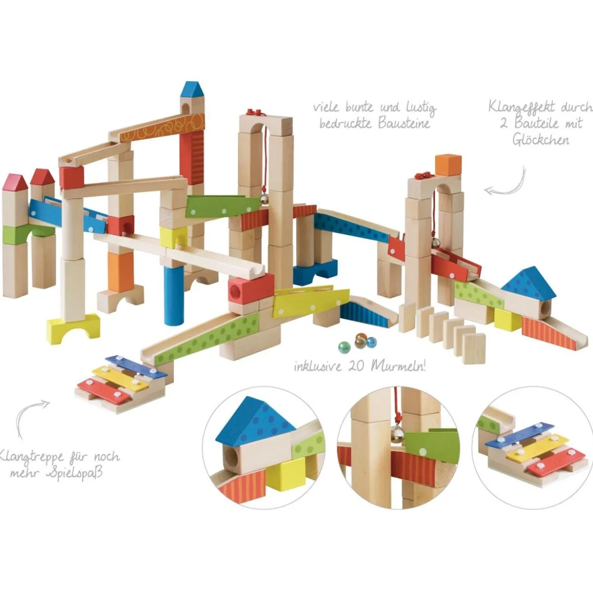 roba Kugelbahn, Kinderspielzeug, 20 Glasmurmeln, 80 Bausteinen, ab 3 Jahren, aus Holz - B-Ware neuwertig